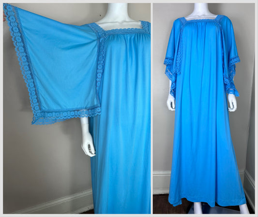 1970s Bright Blue Boho Maxi Dress with Large Handkerchief Sleeves, Size XXL, Muumuu Caftan