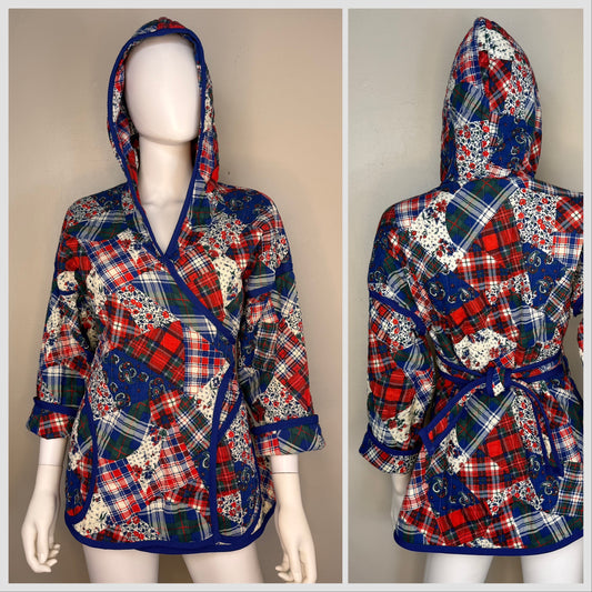 1970s Quilted Patchwork Print Wrap Coat, Hooded Jacket, Handmade Size Small-Medium