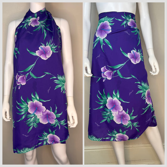 1980s Hawaiian Halter Wrap Dress, Sarong Skirt, Helena’s Hawaii, Tropical Purple Floral