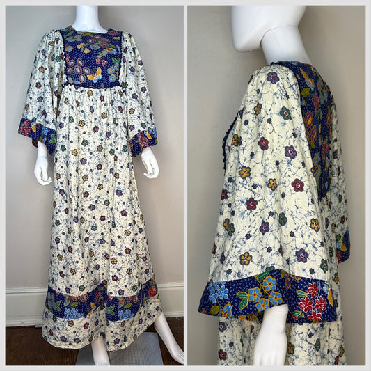 1970s Batik and Butterfly Floral Print Boho Maxi Dress, Size Medium, Bell Sleeves, Patchwork
