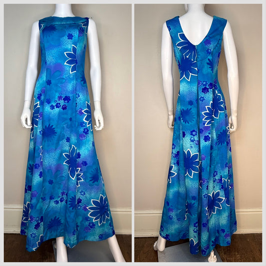 1970s Blue Hawaiian Floral Sleeveless Maxi Dress, Pomare Hawaii Size Large