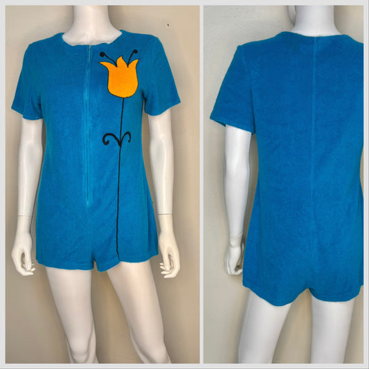 1960s Aqua Terrycloth Romper with Orange Floral Appliqué, Size Medium-Large, Zip Up Front