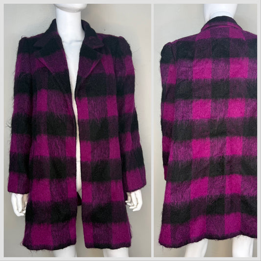 1970s/80s Pink and Black Plaid Mohair Swing Coat , Adolph Schuman for Lilli Ann Size Medium