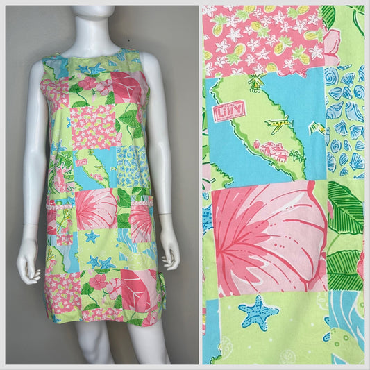 Y2K Lilly Pulitzer Patchwork Print Shift Dress, White Label, Size 4, Small, Florida Floral