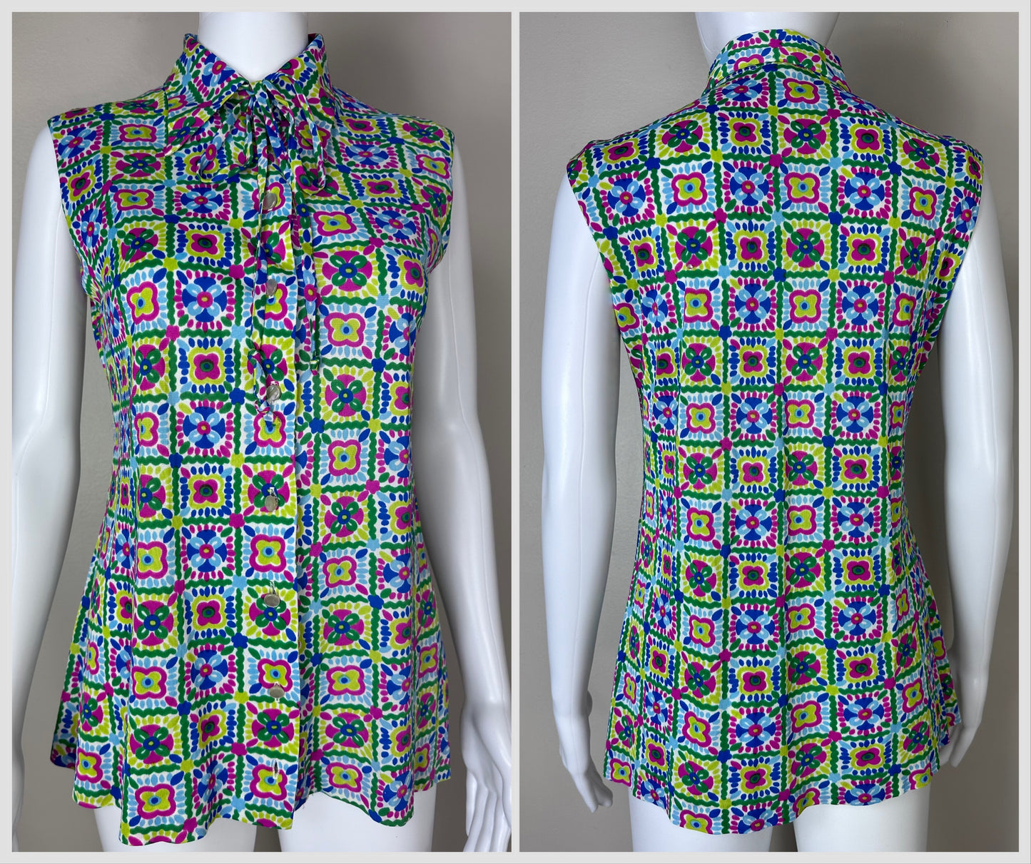 1960s/70s Bright Geometric Print Blouse, Size Medium