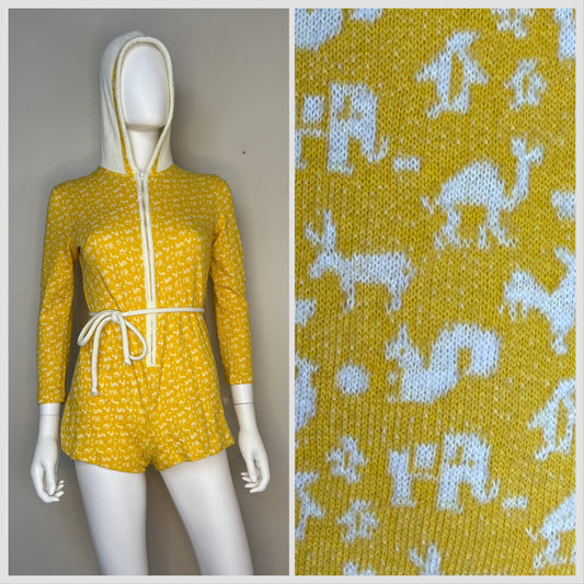 1970s Yellow Knit Animal Hooded Romper, Misty Lane Size Small-Medium