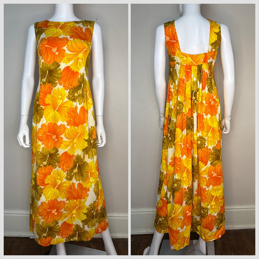 1960s Orange and Yellow Hawaiian Floral Maxi Dress, Back Pleats, An Original Hawaiian Togs Size Medium, Cotton Barkcloth