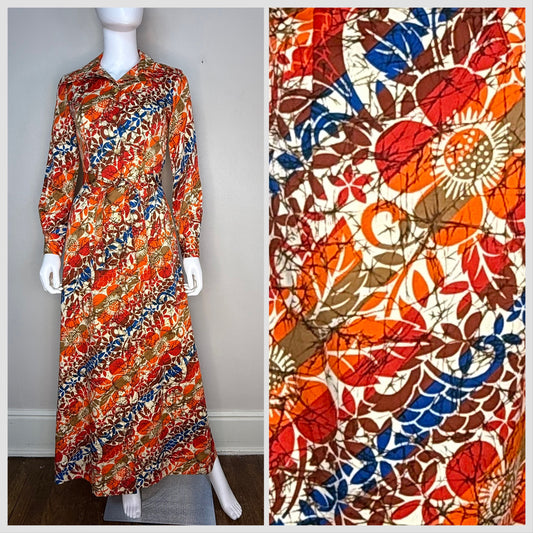 1970s Hawaiian Floral Maxi Dress, Long Sleeve Shirt Dress, Royal Palm Hawaii Size Small