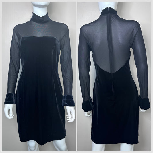 1980s/90s Black Velvet Dress with Sheer Bodice and Sleeves, Night Way Collections Size Medium