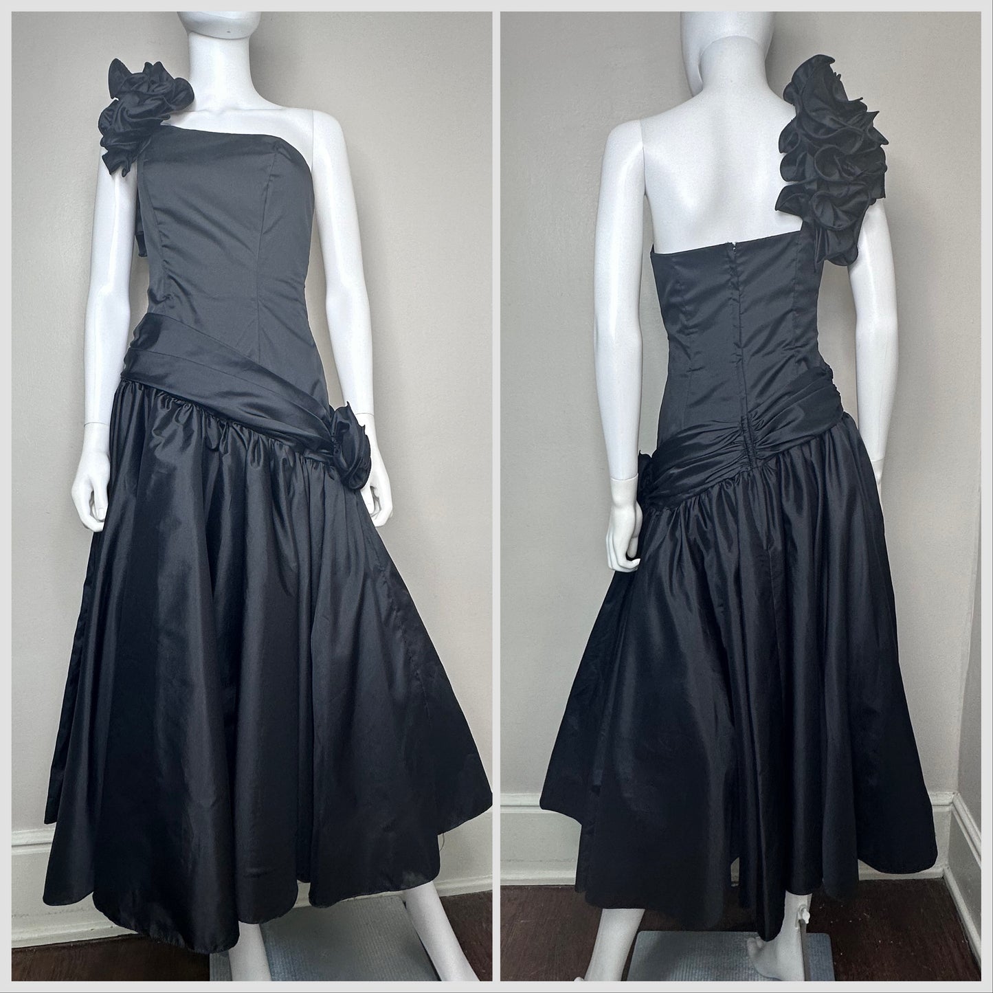 1980s Black Asymmetrical Formal Dress, Jasper Bros Size XS, 80s Prom