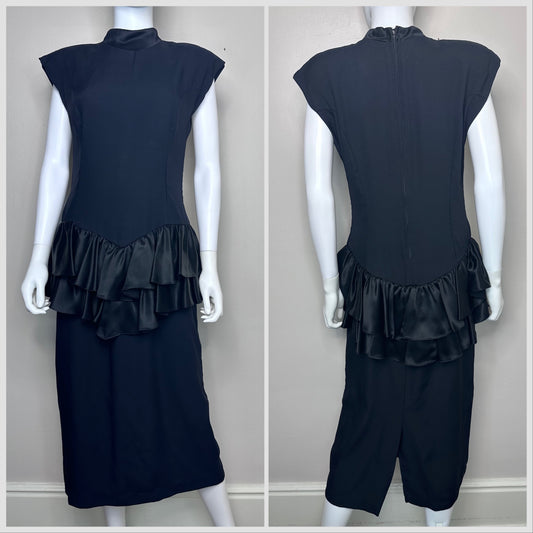 1980s Black Drop Waist Dress, Ruffle Peplum, All That Jazz Size Medium