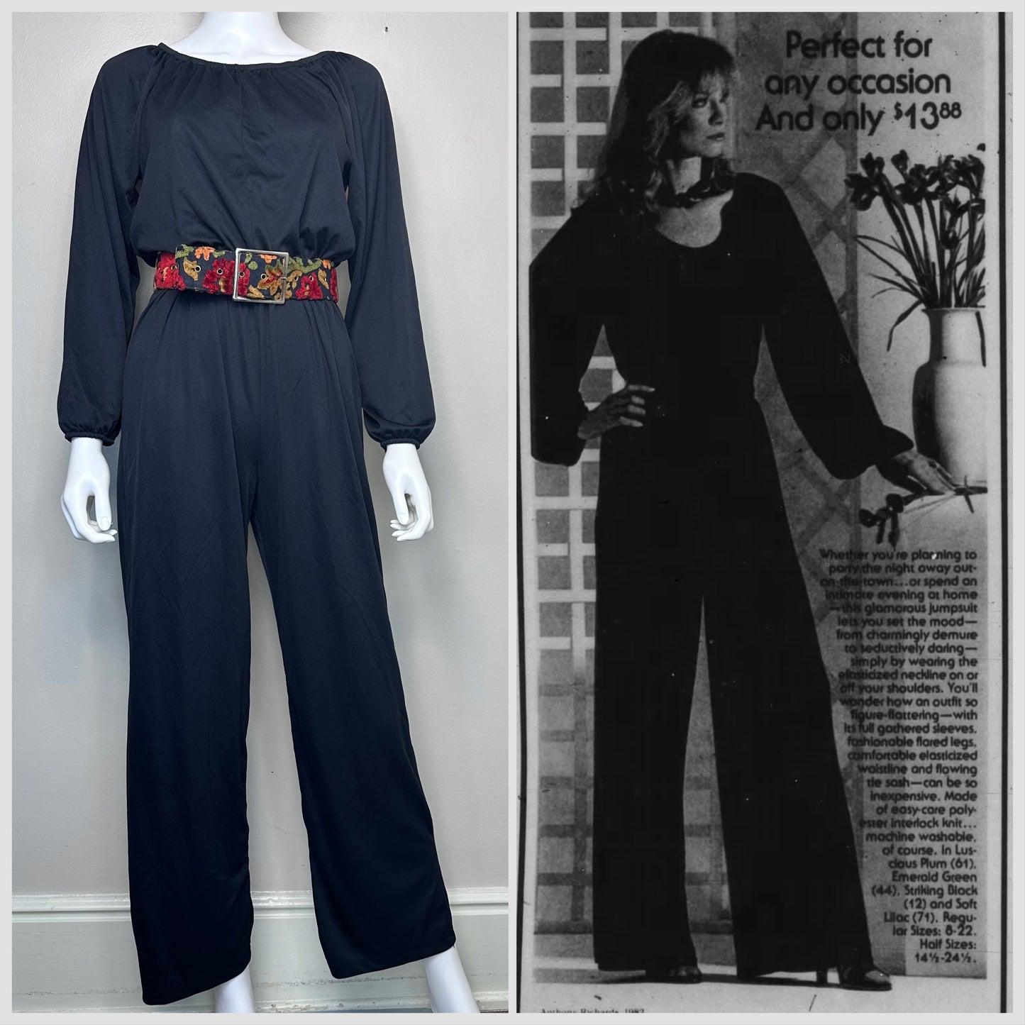 1980s Black Longsleeve Jumpsuit with Elastic Neck, Anthony Richards Size Small-Medium, Hostess Loungewear