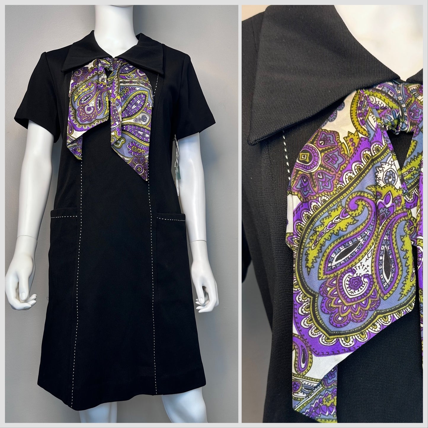 1960s Black Shift Dress with Purple Paisley Scarf Tie, Monarch Size Medium, Deadstock with Tags