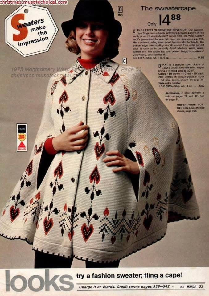 1970s Folk Art Knitted Cape, Sturbridge by Roosevelt, Open Sizing