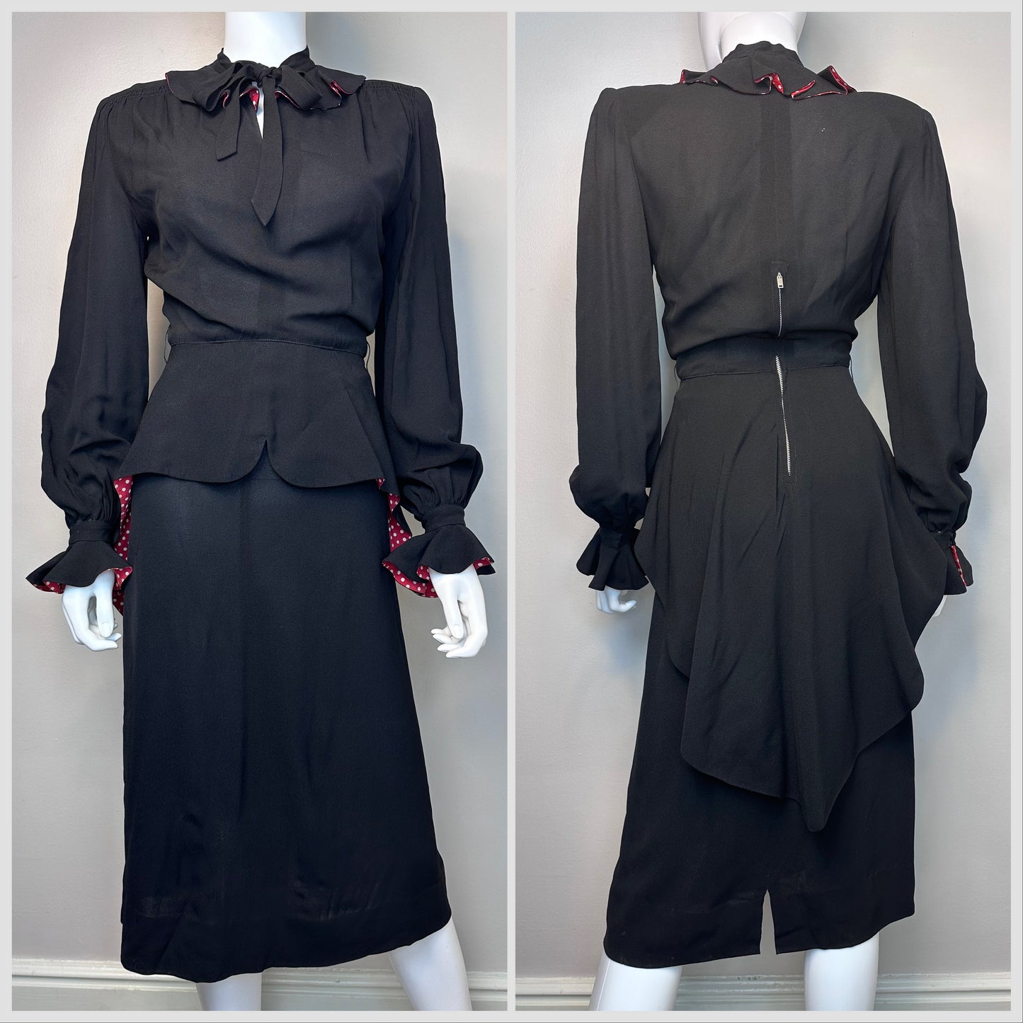 1940s Black Peplum Dress with Red and White Polka Dot Lining, Margie Joy Juniors Size XXS