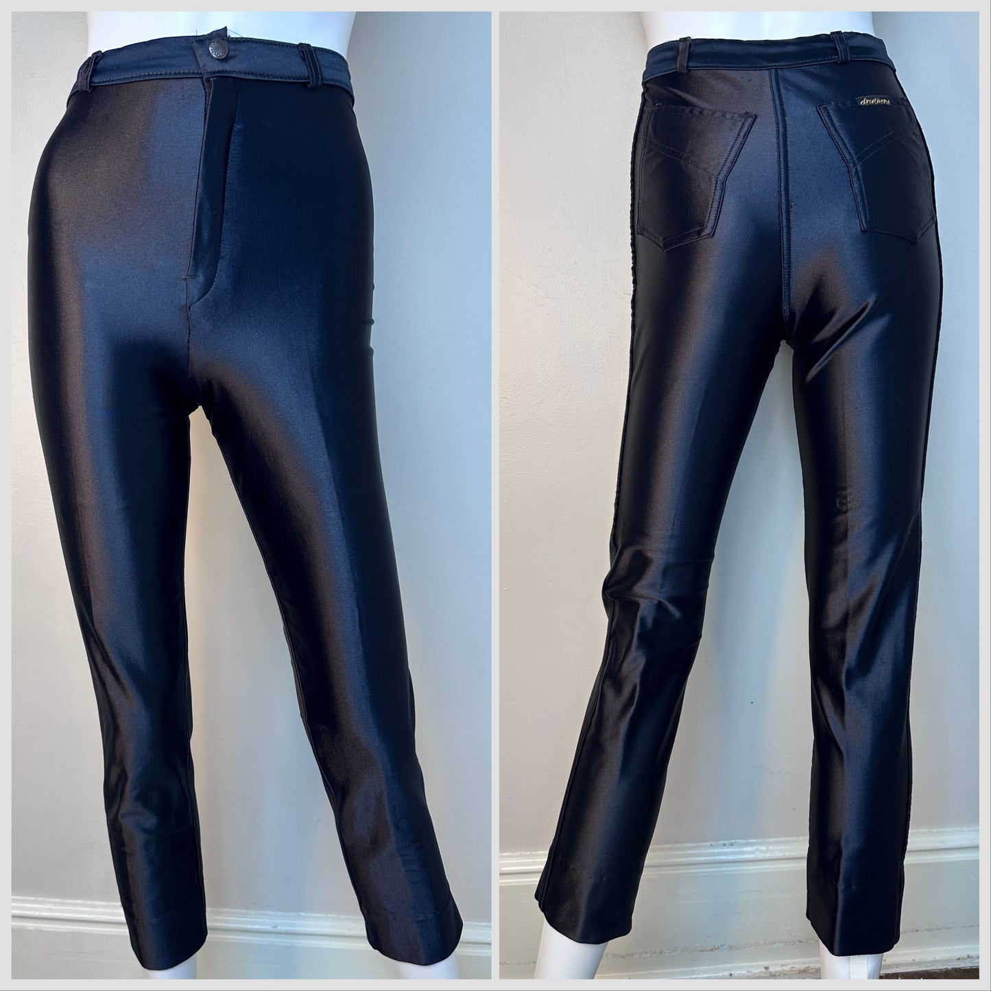 1970s Shiny Black Slim Stretch Disco Pants, Druthers Size XXS