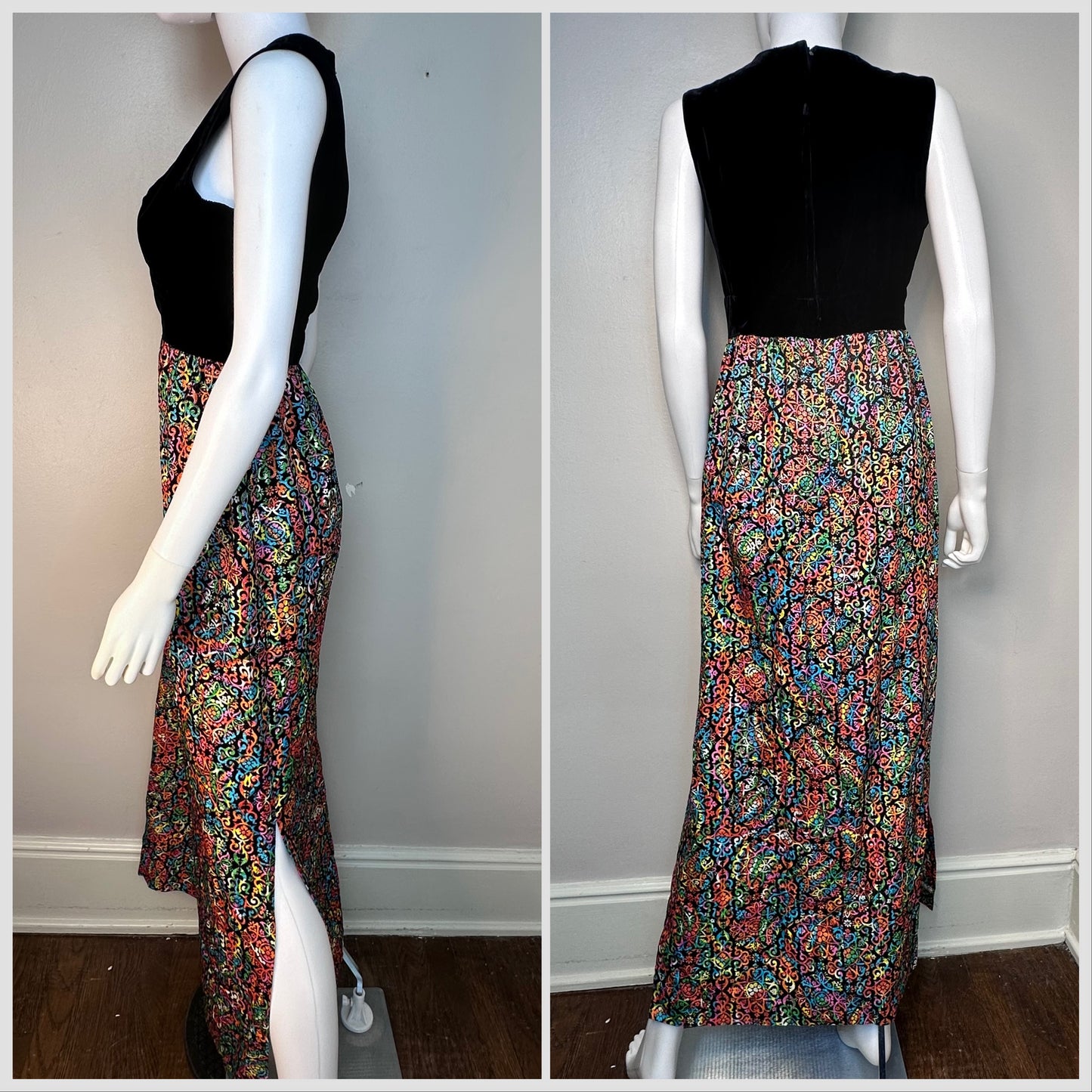 1970s Bright Psychedelic Sparkle and Black Velvet Maxi Dress Size S/M