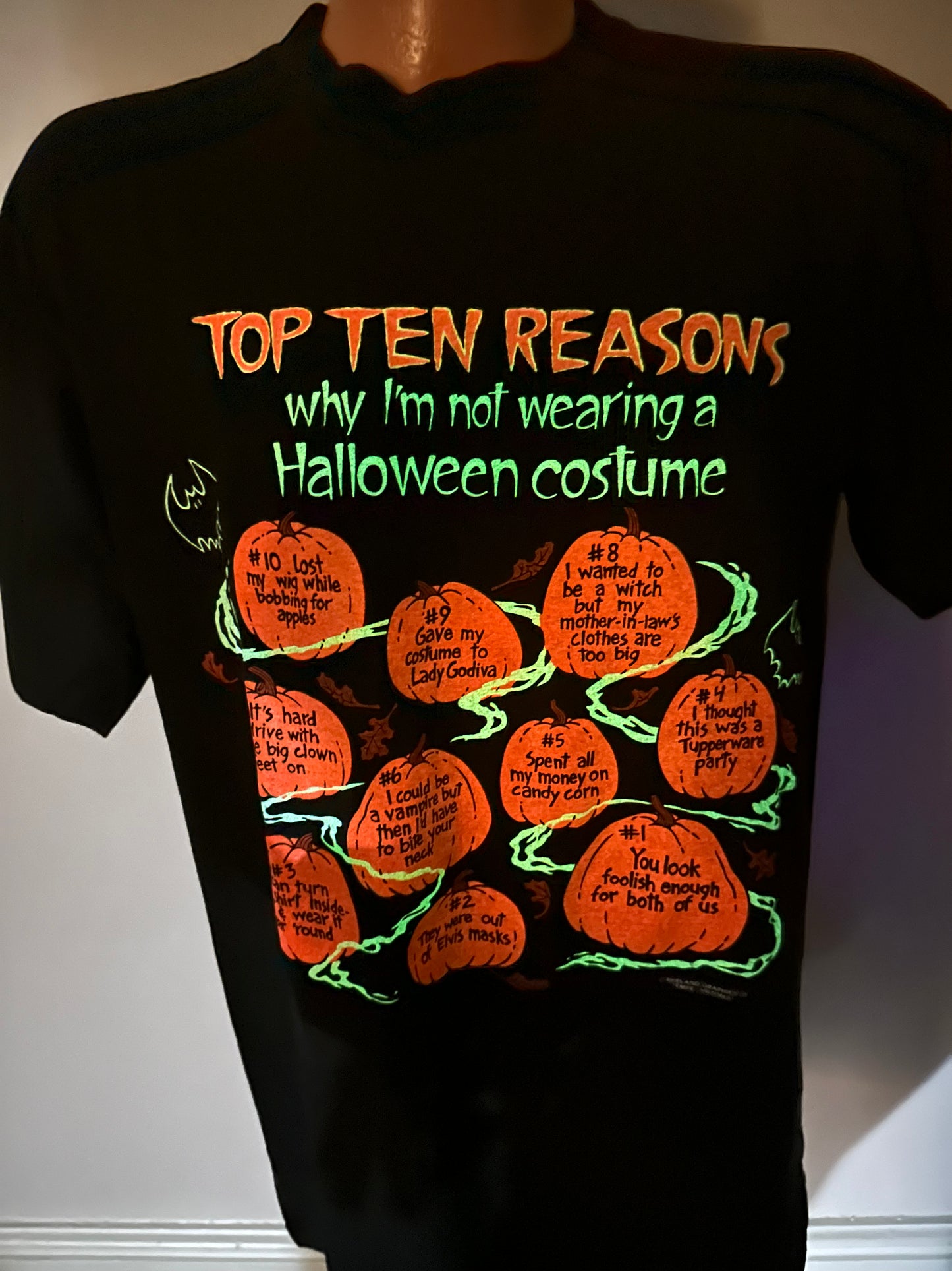 1990s Halloween Glow in the Dark T-Shirt, Brieland Graphics Size Large, Top 10 Reasons Why I’m Not Wearing a Costume, Deadstock with Tag