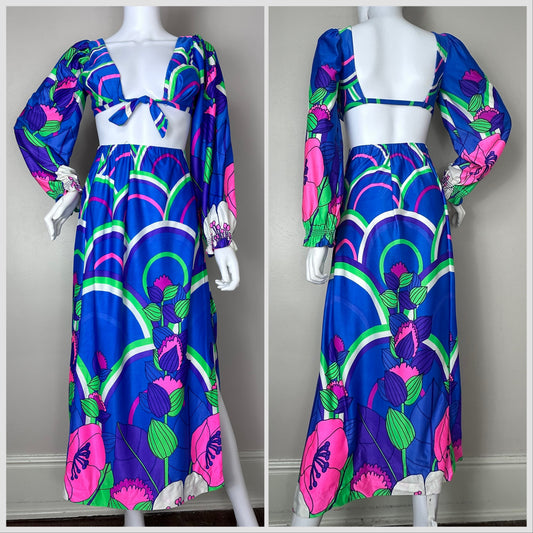 1960s Jantzen Bright Psychedelic Floral Set, Size XXS, Long Sleeve Crop Top and Maxi Skirt
