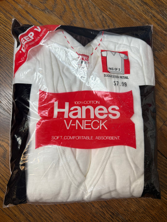 1970s Hanes V-Neck Undershirts, Size Medium, Deep V, Pkg of 3, 1979 New Old Stock in Package
