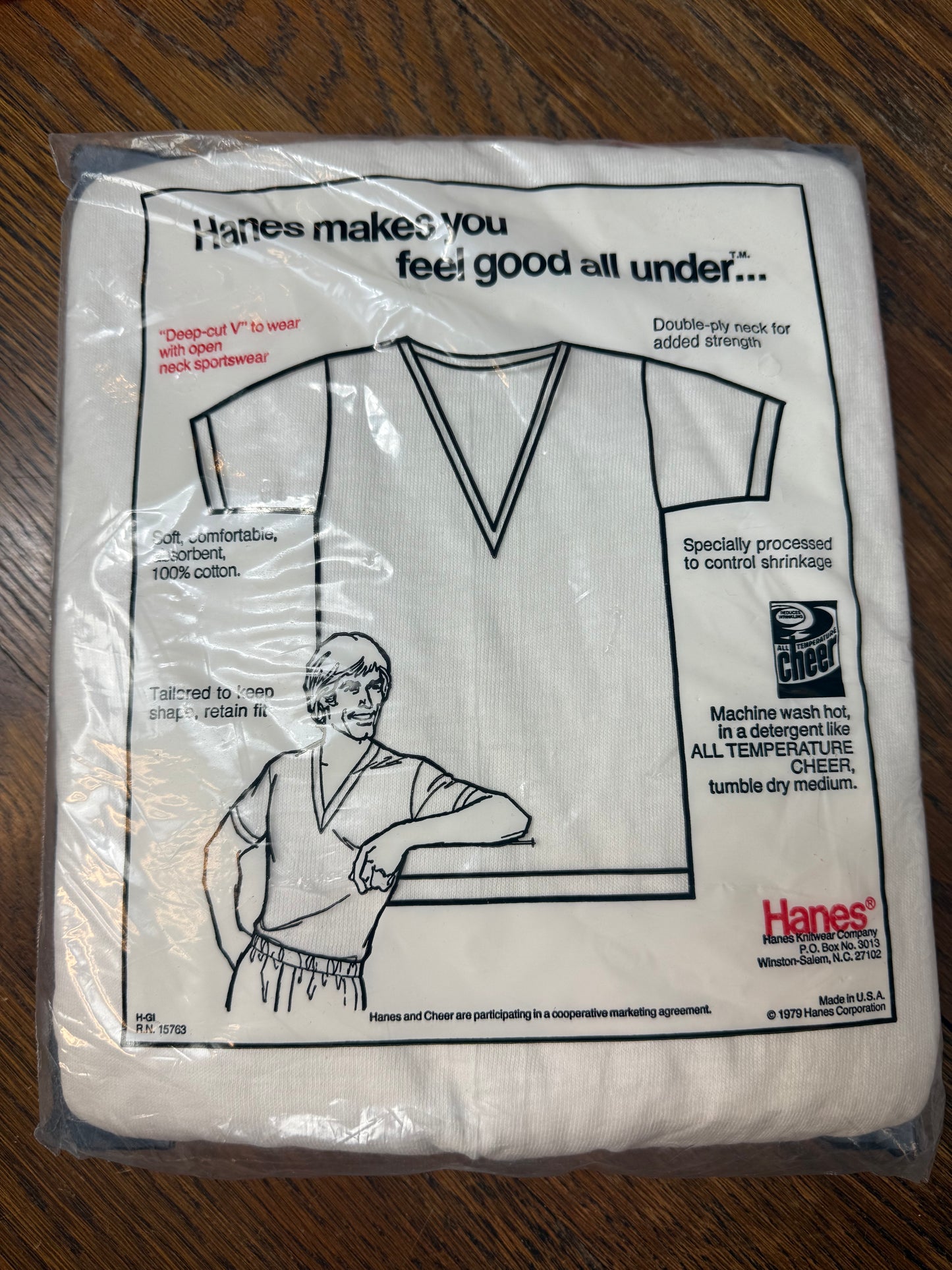 1970s Hanes V-Neck Undershirts, Size Medium, Deep V, Pkg of 3, 1979 New Old Stock in Package
