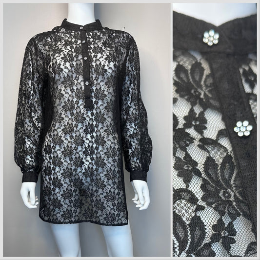 1970s Black Lace Long Sleeve Tunic with Rhinestone Flower Buttons, Saks Fifth Avenue Size Medium, Micro Mini Dress