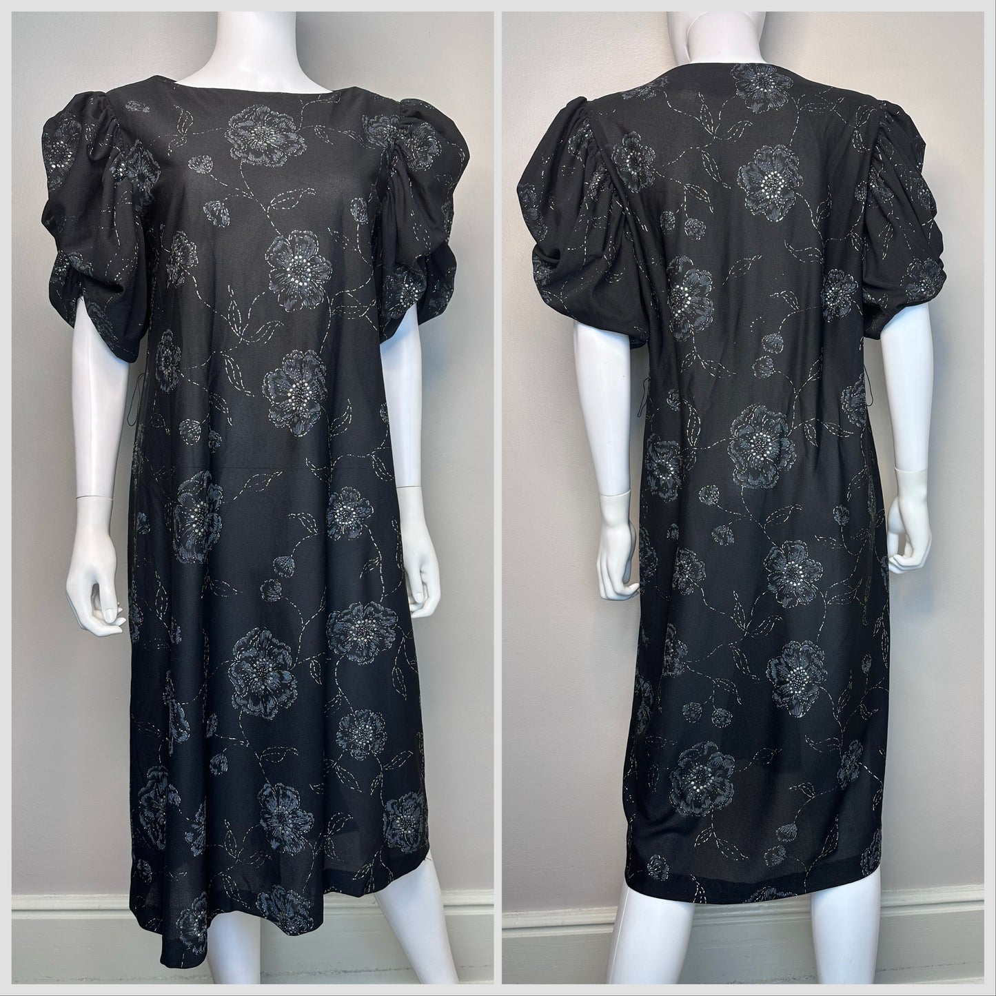 1980s Black Silver Sparkle Floral Dress, Size Large, Puffy Sleeves, Silver Belt