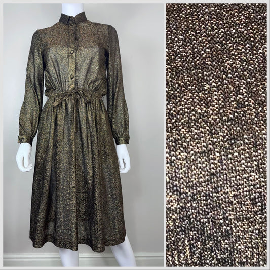 1970s Metallic Gold Shirt Dress, NR1 by Ned Gould Size Medium
