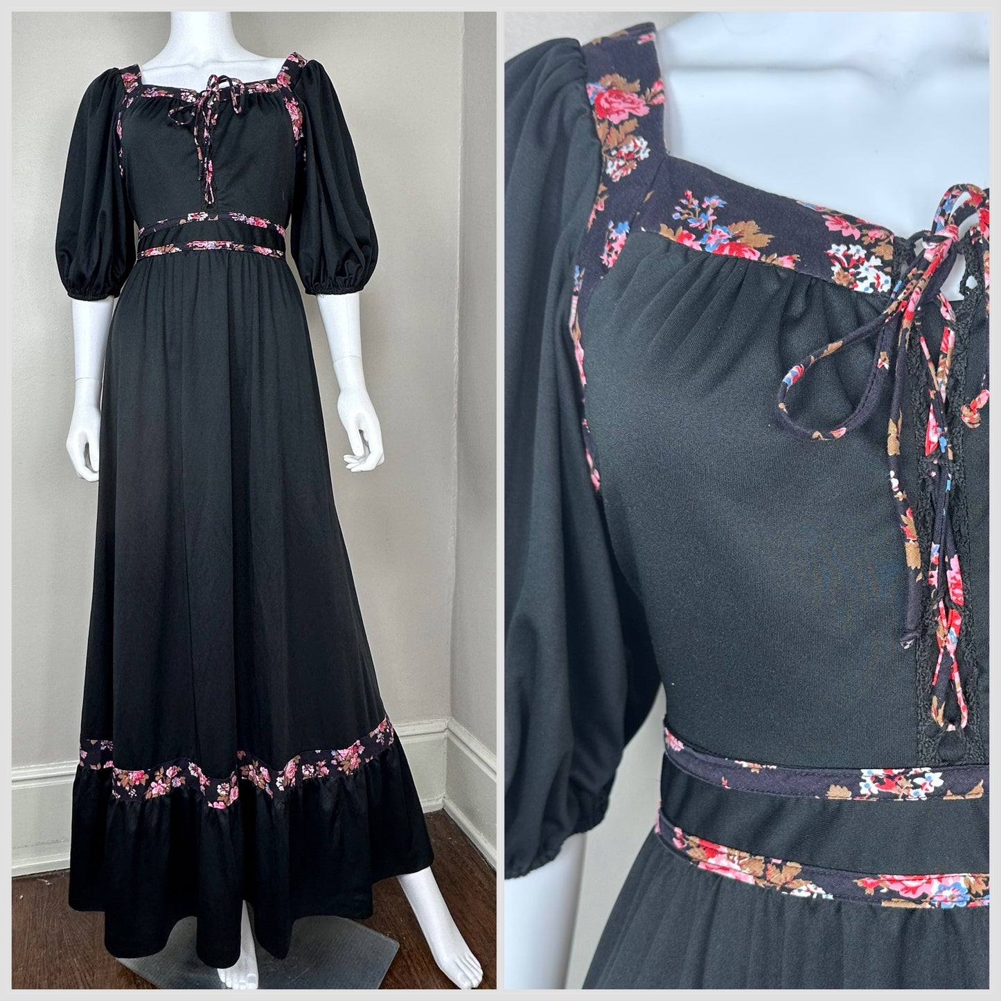 1970s Black Prairie Maxi Dress with Floral Trim, Jody of California Size Medium