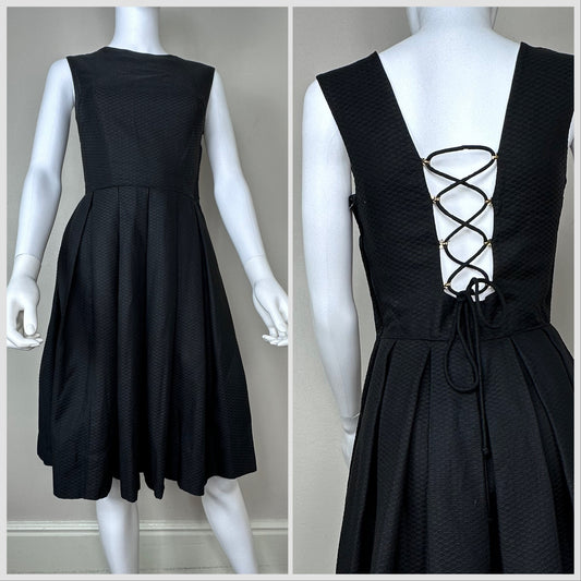 1960s Black Dress with Open Lace-Up Back, Gay Gibson Size XS