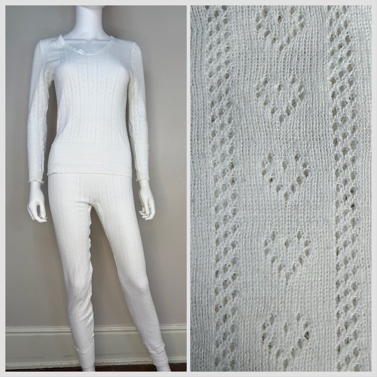1980s White Pointelle Hearts Thermal Shirt and Pants Set, Duofold Thermax Size Medium, Long John Winter Underwear