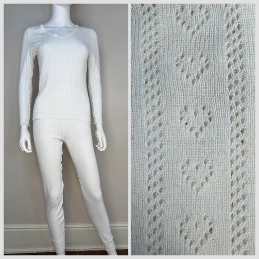 1980s White Pointelle Hearts Thermal Shirt and Pants Set, Duofold Thermax Size Medium, Long John Winter Underwear