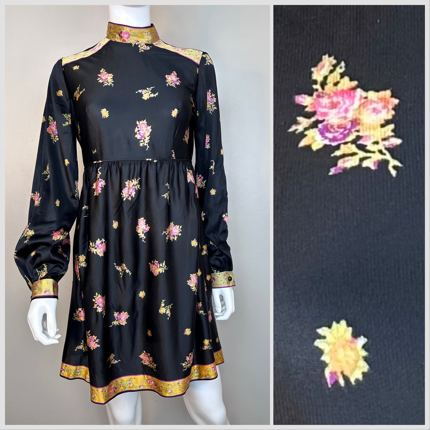 1960s Black Floral Long Sleeve Mini Dress, Lanz Size Small/Medium