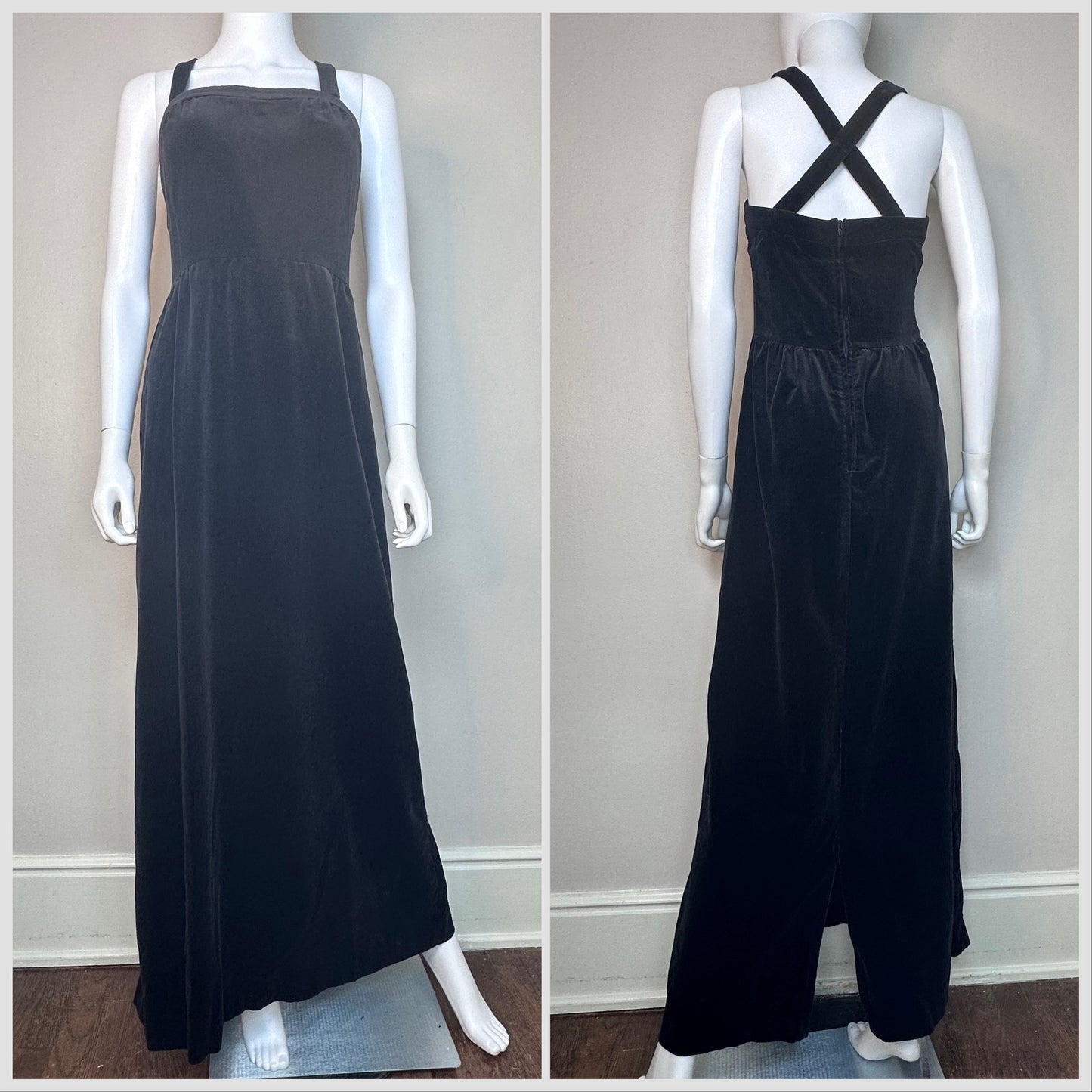 1960s Black Velvet Sleeveless Maxi Dress, Lanz Size XS