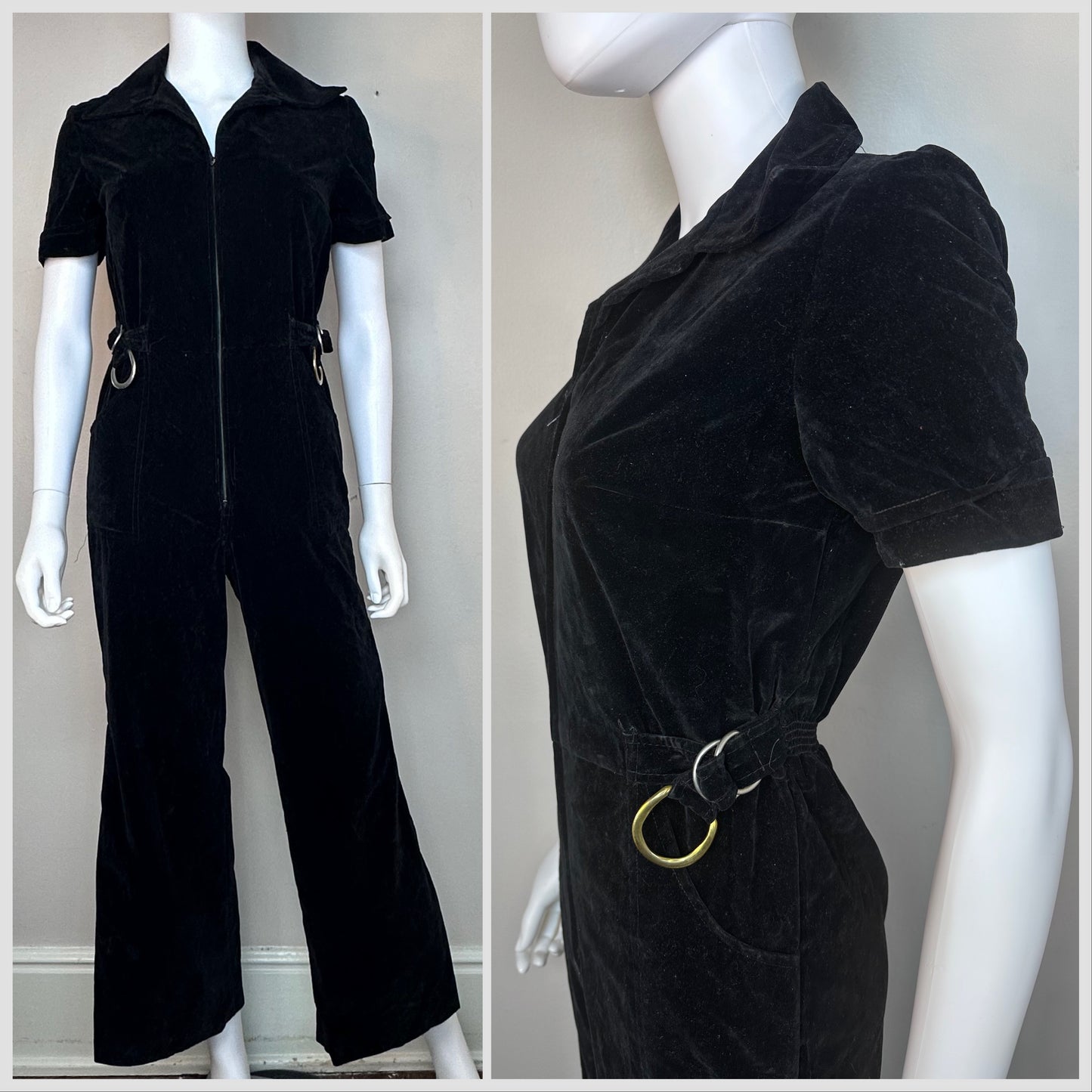 1970s Black Velvet Jumpsuit, Size XS, Short Sleeve, Zip Up, Flare Leg