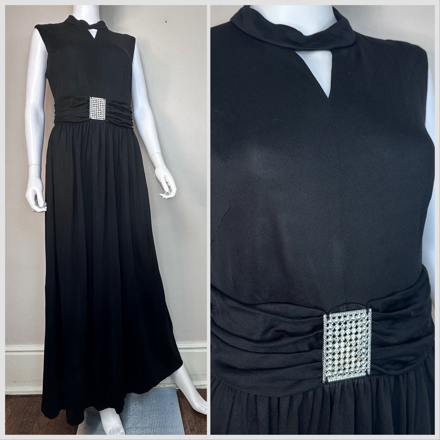 1970s Black Sleeveless Maxi Dress with Rhinestone Buckle, Size Medium