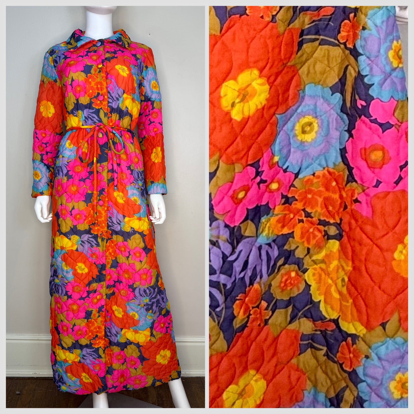 1960s Bright Floral Quilted Robe, Fifth Avenue Robes by M.W. Size Medium