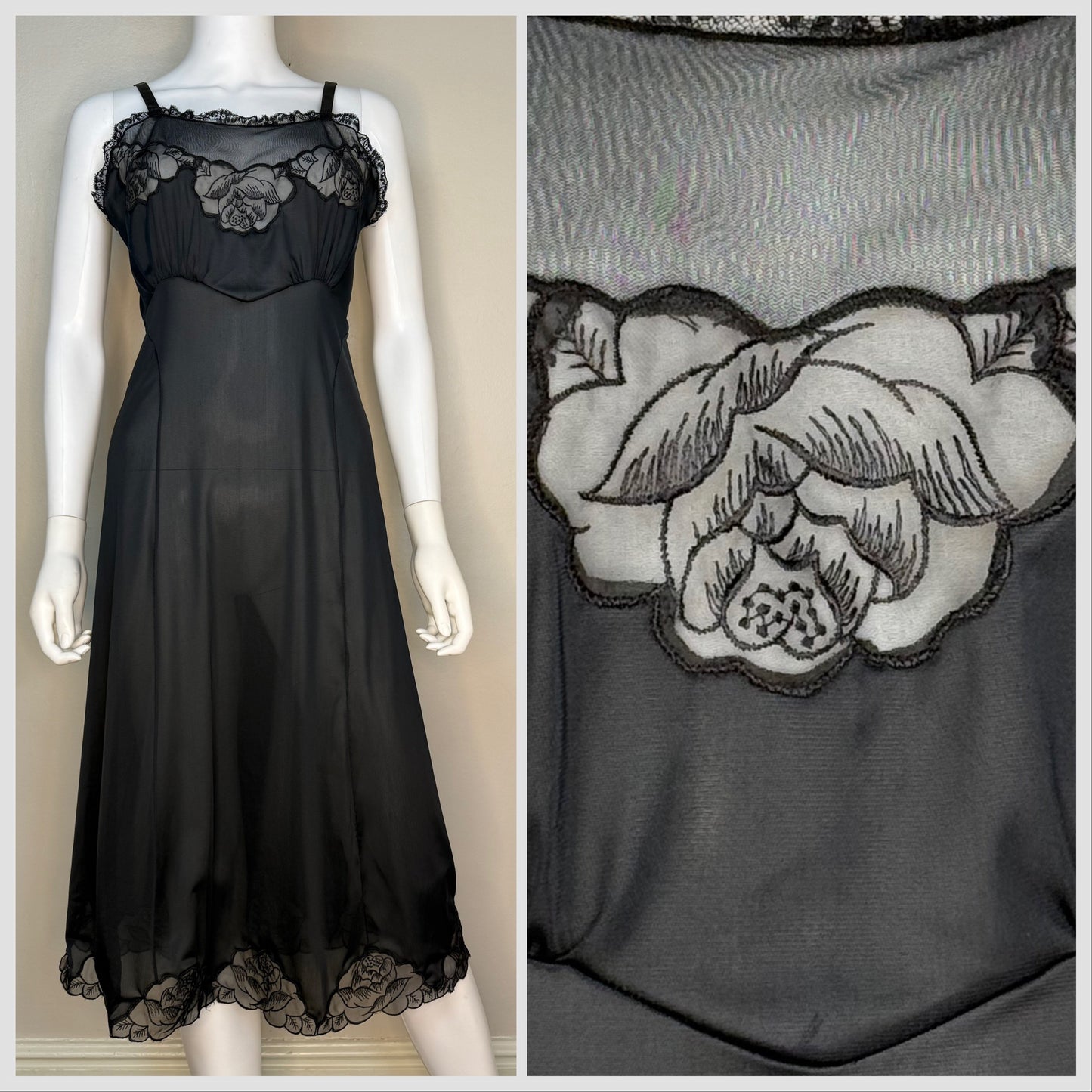1950s Black Floral Lace Full Slip, Wonder Maid Empire Collection Size Small, Embroidered Roses