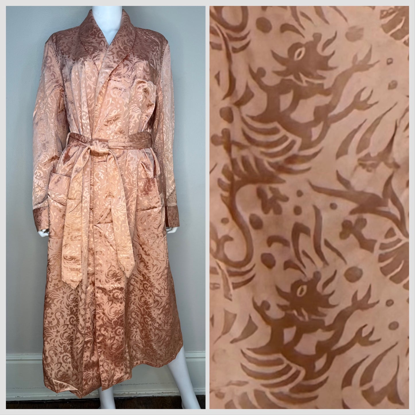 1940s/50s Men’s Peach Satin Jacquard Lounging Robe, Size Small, Dragons, Smoking Jacket