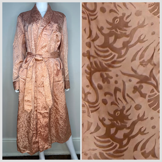 1940s/50s Men’s Peach Satin Jacquard Lounging Robe, Size Small, Dragons, Smoking Jacket