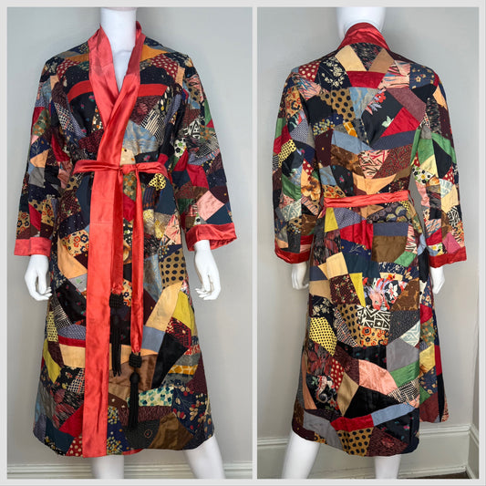 1920s/30s Patchwork Crazy Quilt Robe, Handmade Size XS-Small, Belt with Fringe Trim