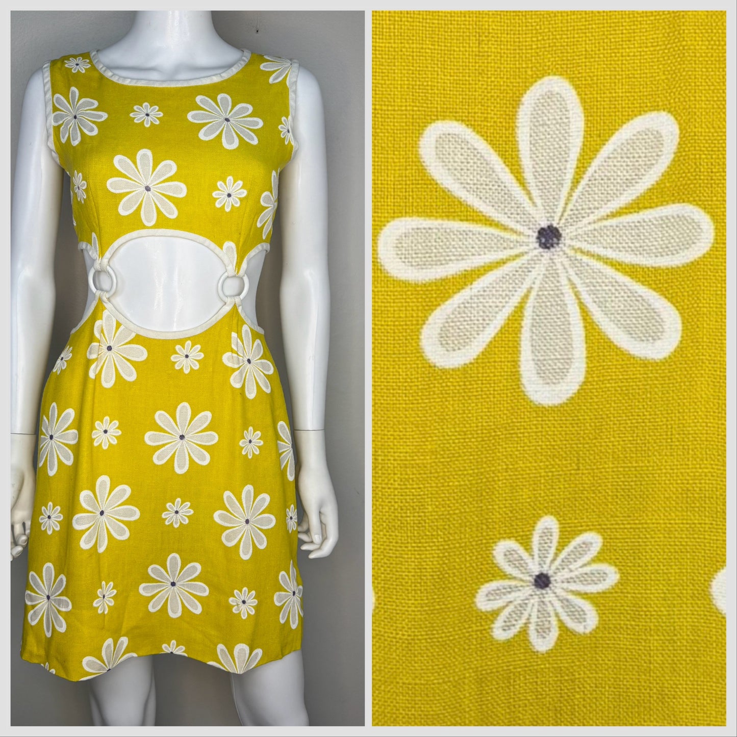 1960s Yellow Floral Mini Dress with Cut Outs and Rings, Handmade Size Small