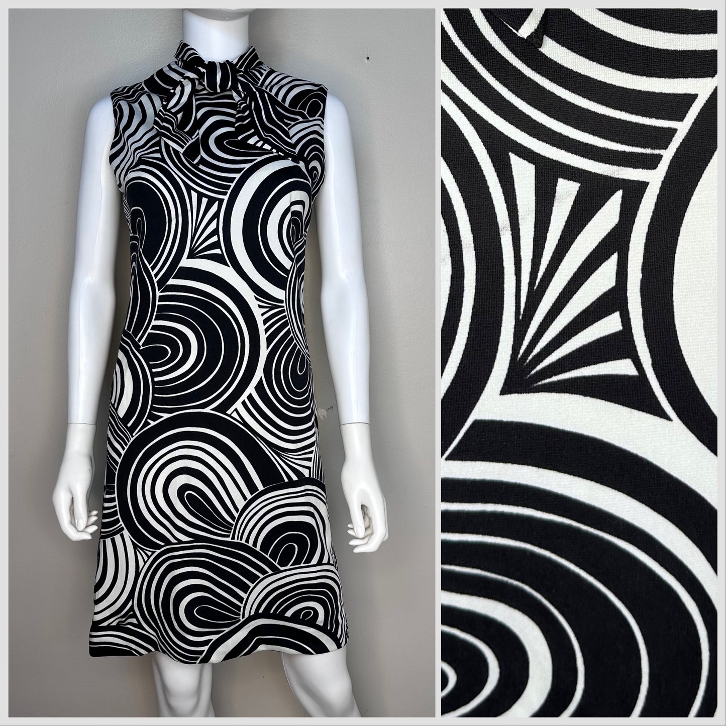 1960s Black and White Swirl Mod Mini Dress, Domani Knits Size S/M