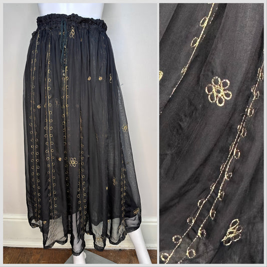 1990s Black Indian Rayon Maxi Skirt with Gold Metallic Embroidery, Andrew Sport Totally Smart New Generation Clothing Unspoiled