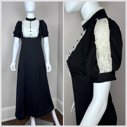 1960s/70s Black Victorian Inspired Maxi Dress with Off-White Lace, Size XS/S