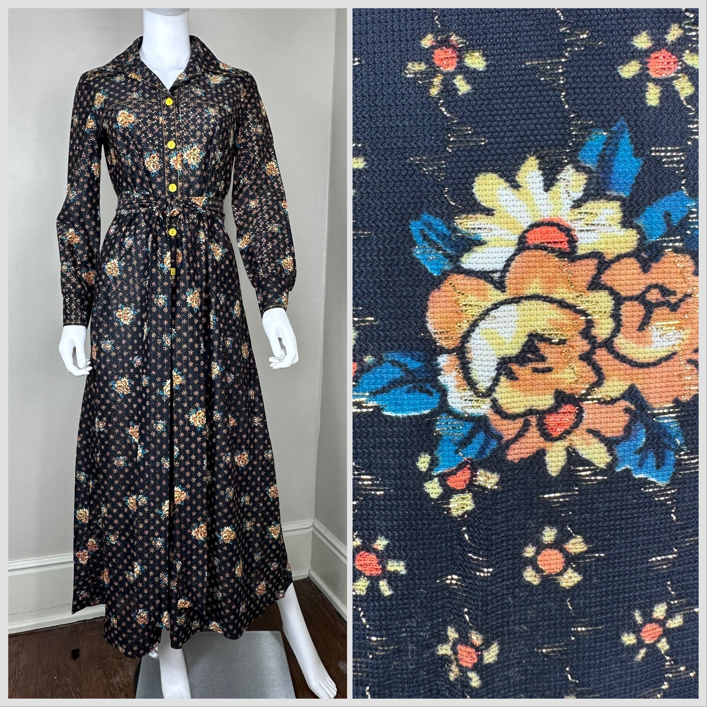 1970s Black Floral Maxi with Gold Lurex Thread, Nancy Valentine Size Medium