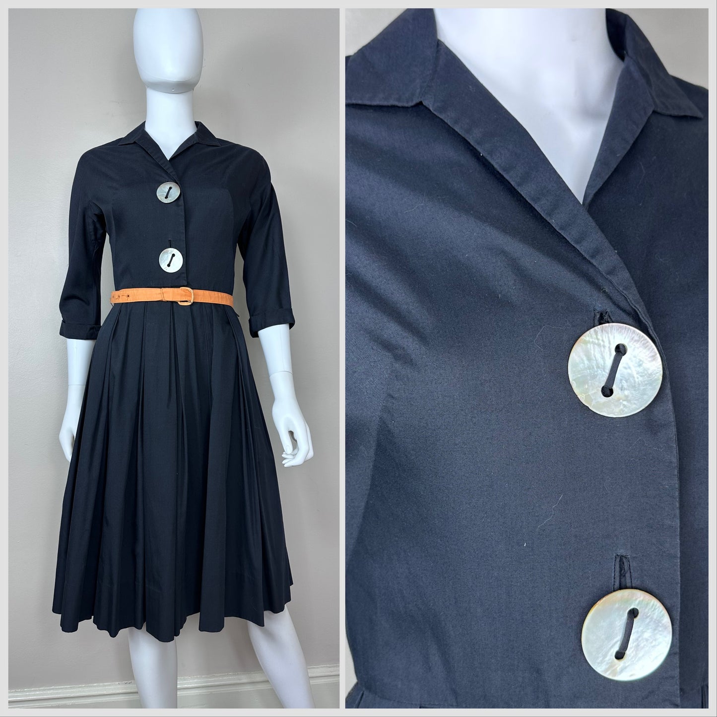 1950s Black Fit and Flare Shirt Dress with Giant Buttons, L’Aiglon Size XS