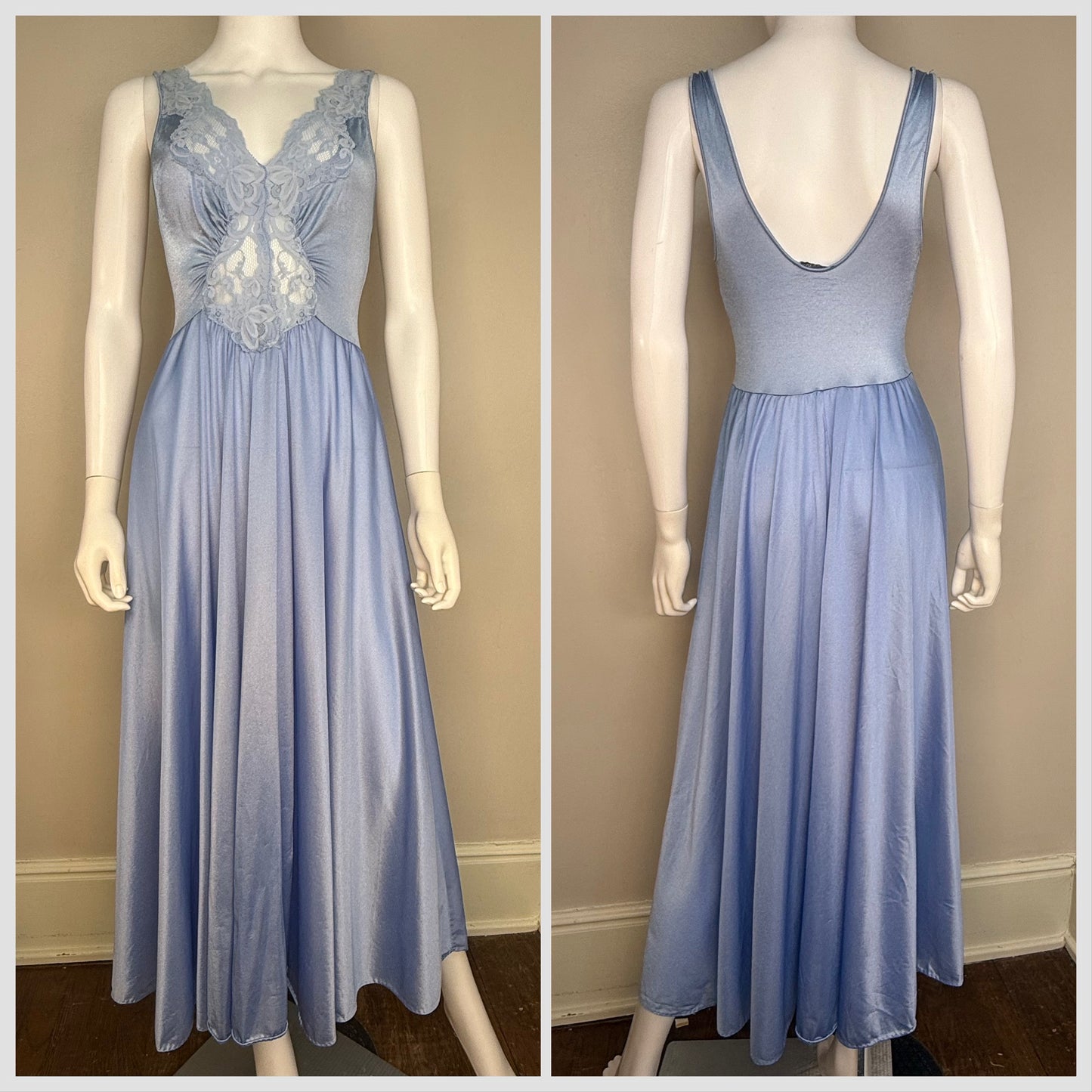 1970s Blue Nightgown with Full Sweep, Lace Cut Out Bodice, Lorraine Size XS-Small