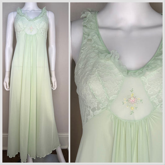 1970s Sheer Pastel Green Nightgown with Floral Embroidery, Shadowline Petite XS/Small, Mint, Nylon