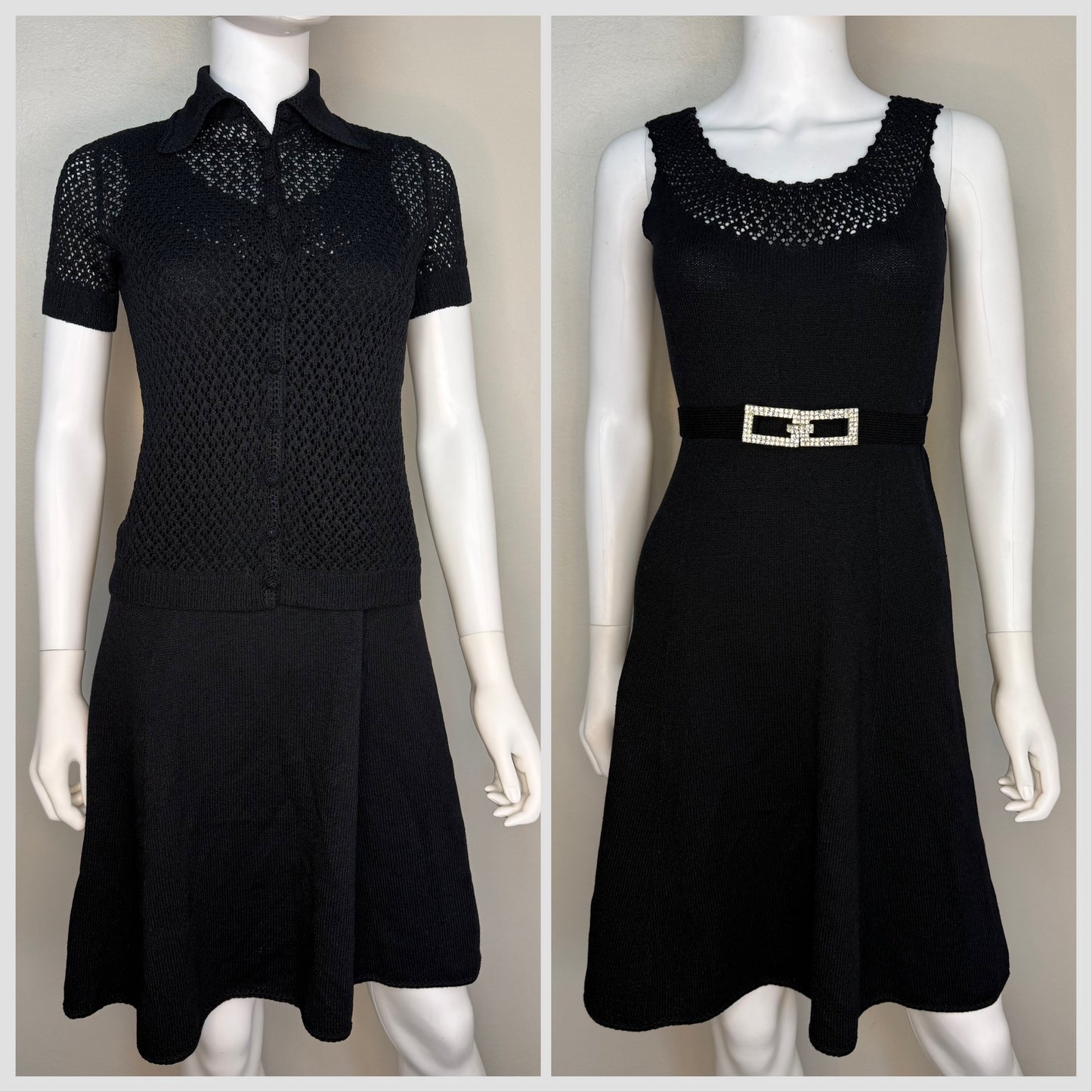 1960s/70s St John Knits Black Sleeveless Sweater Dress and Matching Short Sleeve Cardigan, Size X-Small